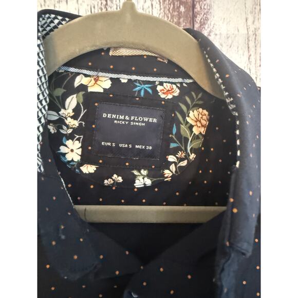 Denim & Flower Mens Navy Print Long Sleeve Dress Shirt Size Small - Picture 3 of 8